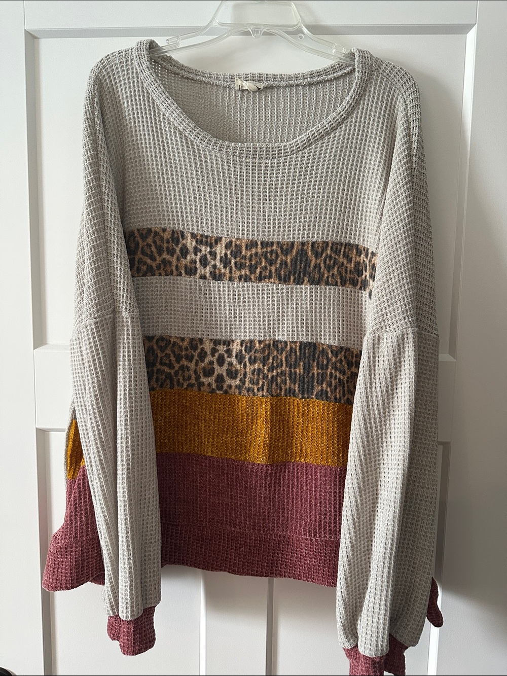 Waffle Knit Colorblock Leopard Stripe Sweater - Gray/Mustard/Rose